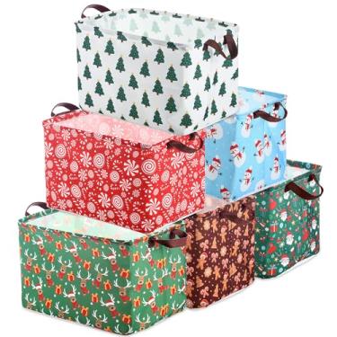 Imagem de Vesici Pacote com 6 cestas de Natal para presentes, caixas de armazenamento de Natal vazias com alça, boneco de neve, caixa de armazenamento dobrável de lona para roupas de Natal, escritório, casa