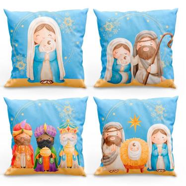 Imagem de Kit Com 4 Capas De Almofadas Estampadas Natalinas 45cm X 45cm - Decorativas Festas Ceia Fim De Ano Cor Presépio Azul