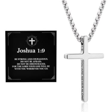 Imagem de Alissl Colar de cruz masculino com gravação em aço inoxidável, versículo da Bíblia 1:9, corrente masculina preta ou prata, joias cristãs, lembrancinhas de batismo, para Halloween, Ação de Graças