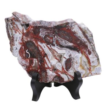 Imagem de mookaitedecor Espécime de laje de ágata mexicana natural com suporte de madeira, estatueta de pedra de ágata irregular para decoração de casa, 125-225 g