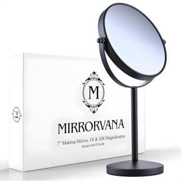 Imagem de MIRRORVANA Espelho de maquiagem de aumento 10X em suporte redondo para mesa, mesa de quarto e balcão de banheiro - Espelho de ampliação dupla face 10X/1X - 18 cm de largura e 35 cm de altura (preto)