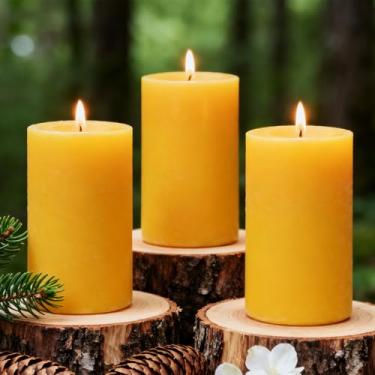 Imagem de Velas de cera de abelha amarela natural de 7,6 cm de espessura – Pacote com 3 – Velas 100% puras de cera de abelha 15 cm de altura, queima longa, sem cheiro sem fumaça e sem gotejamento, para