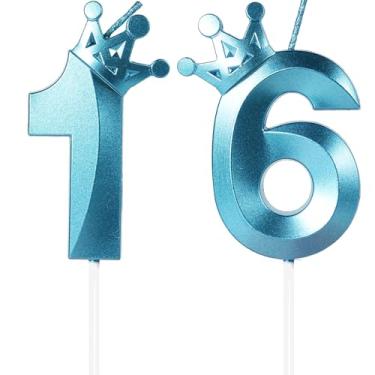 Imagem de Velas de aniversário azuis número 16, topo de bolo de feliz aniversário de 16 anos, vela de aniversário com número de coroa 3D, 16 meninos, meninas, decorações de aniversário, decoração de topo de