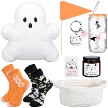 Imagem de LemonRoad 9 peças Boo Basket Stuffers para mulheres Halloween Boo Basket Items Gift Set para Halloween fantasma brinquedo de pelúcia assustador copo de vidro meias para mulheres adultos esposa
