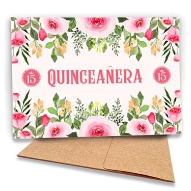 Imagem de Fava Bean Productions Cartão de aniversário de quinze anos, design floral aquarela, branco, 18 x 12,7 cm, cartão premium com mensagem interna, texto espanhol, tema de rosas rosa - 515