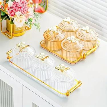 Imagem de Conjunto Luxuoso de Potes Decorativos em Acrílico, 3 Peças com Bandeja Dourada, Tampa Borboleta, Design Elegante para Cozinha, Banheiro e Sala, Transparente e Dourado (Cristal)