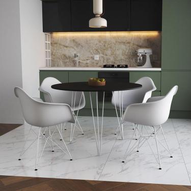 Imagem de Mesa Jantar Redonda 90Cm Preta Clips 3 Pés Com 4 Poltronas Brancas Ferro Branco Preto