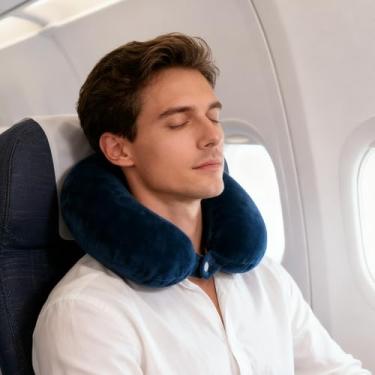 Imagem de Travesseiro de viagem de espuma viscoelástica para viagem, travesseiro de avião para viagem, carro, casa, escritório, capa lavável, Azul escuro