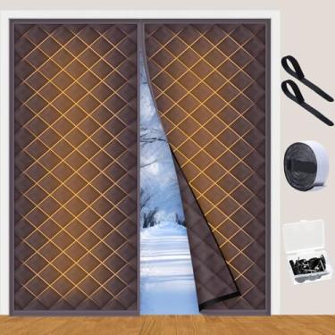 Imagem de Fanfanwin 2 conjuntos de cortinas magnéticas com isolamento térmico para portas de 183 x 203 cm de inverno, capa de porta acolchoada de algodão Oxford, impermeável, para clima frio (grade, café)