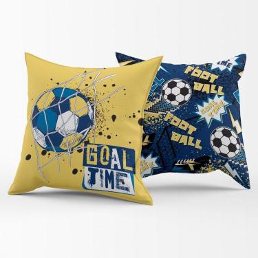 Imagem de Par De Capas De Almofadas Estampadas Futebol Goal Amarelo-azul Marinho 45cm X 45cm Para Quarto