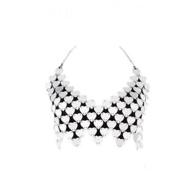 Imagem de Top feminino de corrente corporal de lantejoulas brilhantes com pontos discotecas frente única corrente corrente boate corações top cropped Natal (prata)