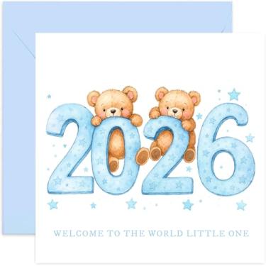 Imagem de Novo cartão de felicitações para bebê menino 2026 para mamãe e papai - adorável design de aquarela azul com dois ursos de pelúcia e estrelas - Presentes de lembrança e presentes para novos pais