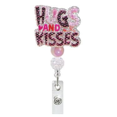 Imagem de Carretel de crachá de Dia dos Namorados, Crachá de acrílico HUGS Kisses para crachá de identificação, lábios de coração com glitter, suporte retrátil para crachá, acessórios de clipe de jacaré para