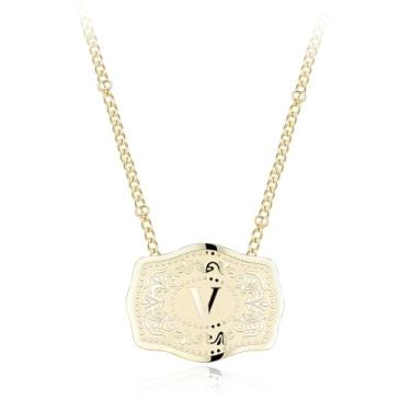 Imagem de Colar com pingente de letra inicial banhado a ouro 14K com fivela de cinto em relevo, compre 1 e ganhe 2 correntes, colar personalizado para homens e mulheres, 18 inches +2 inches extender, Liga de