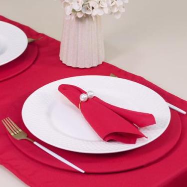 Imagem de Kit Mesa Posta, 7 Peças para 2 Lugares, Caminho de Mesa 130x40cm, Sousplat MDF, Guardanapos 35x35cm, Anel com Pérola, Oxford Poliéster (Vermelho e Dourado)