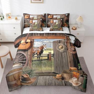Imagem de Erosebridal Jogo de cama casal com estampa de caubói ocidental, 7 peças, estilo faroeste, rústico, celeiro, cavalo, decoração de quarto de madeira, chapéu e cama