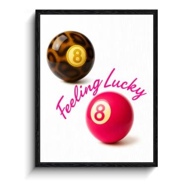 Imagem de Feeling Lucky 8 Ball Sign Wall Art, Impressões de arte rosa na moda, decoração de parede extática para bar de sala de jogos, pronto para pendurar 20 x 25 cm emoldurado