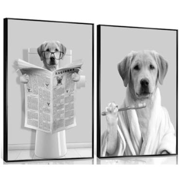 Imagem de 2 peças de arte de parede em tela de banheiro de cachorro engraçado banheiro preto e branco decoração de parede de animais imagens exclusivas cachorro banheiro lendo pintura de jornal impressões para