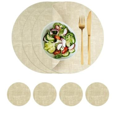 Imagem de QSYZAIL Jogo americano redondo conjunto de 4, tapetes de mesa laváveis de couro sintético de vinil com porta-copos para cozinha, festa ao ar livre