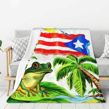 Imagem de shangtiezao Cobertor de flanela leve com bandeira de Porto Rico, sapo, palmeiras, cobertor leve para sofá, cama, decoração de casa, super aconchegante e confortável 152 cm x 127 cm