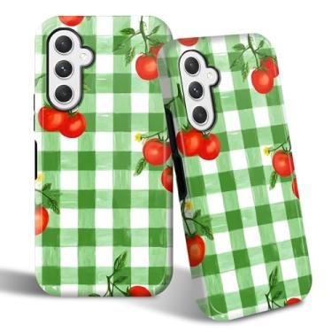 Imagem de SROJDHFJB Capa de telefone para Samsung Galaxy A15 5G, capa protetora de 2 camadas com design estampado xadrez verde tomate, parte traseira rígida + amortecedor de TPU macio capa fina para homens e