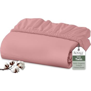 Imagem de Royale Linens Lençol com elástico 100% algodão orgânico – tecido percal – lençol de baixo com bolso profundo super macio – lençol solteiro elástico rosa - somente lençol com elástico - (99 x 190 cm +