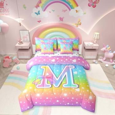 Imagem de Erosebridal Jogo de lençol solteiro com estampa de arco-íris com letra M, 7 peças, fofo, arco-íris, ombré, princesa, brilhante, coquete, laço, respirável, leve