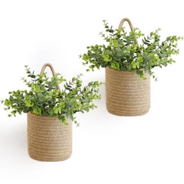 Imagem de Dahey Pacote com 2 cestas pequenas de corda para pendurar na parede com decoração de casa de fazenda de eucalipto artificial, organizador de armazenamento de tecido de juta, conjunto de cesta