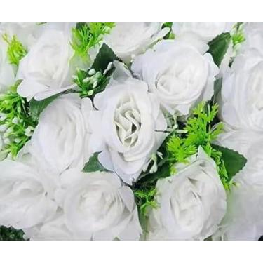 Imagem de Buquê de rosas com folhagem - Arranjo Floral Decorativo para Mesa, Sala de Estar, Eventos e Presentes - Beleza Eterna e Realista(Branco,2 Unidade)