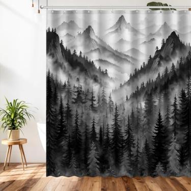 Imagem de SHUNLCD Cortina de chuveiro natural da floresta negra, montanha enevoada rústica floresta pinheiro paisagem conjunto de decoração de banheiro, tecido de poliéster cortina de banho com ganchos, 182 x