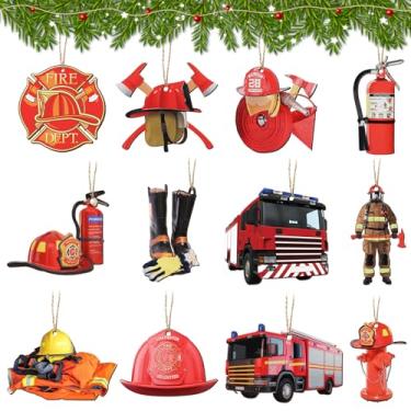 Imagem de 24 peças de enfeites de árvore de Natal com cordas, uniforme de bombeiro, extintor de hidrante, bombeiro, enfeites de madeira pendurados para decoração de árvore de Natal, presentes de bombeiro e
