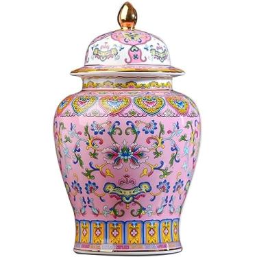 Imagem de ADAOQIN Jarra de gengibre, pote de gengibre, cerâmica chinesa, vasos florais com tampa, vaso de porcelana esmaltado dourado, potes de templo, jarras de armazenamento de chá, vasos decorativos para