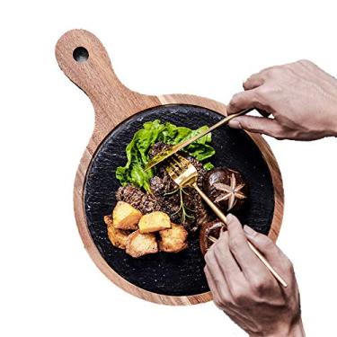 Imagem de YWangQiang Conjunto de pratos de bife de formato redondo, prato de pizza para restaurante e forro de madeira, kit de frigideira, para cozinha, mesa, comida, servir, frigideira, aproveite o tempo em