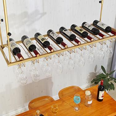 Imagem de Cremalheira de vinho criativa | Prateleira de armazenamento de garrafas de vinho e taças de taças, suporte de copo de vinho suspenso de metal no teto, para embaixo do armário, cozinha, bar, ouro