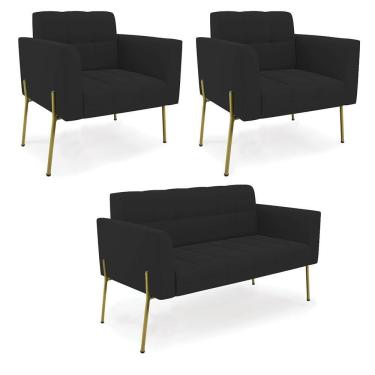 Imagem de Sofá Namoradeira E 2 Poltronas Pé De Ferro Dourado Elisa Veludo D03 - D'rossi Cor Preto