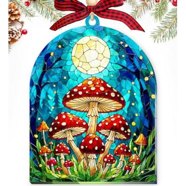 Imagem de Apanhador solar feito à mão com cogumelo lua, enfeite de janela de vitral, design caprichoso de floresta com cogumelos vermelhos Amanita