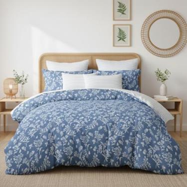 Imagem de Jolusere Conjunto de edredom floral, Queen, com 3 peças, azul marinho, design listrado reversível, 1 edredom floral elegante com 2 fronhas, microfibra supermacia