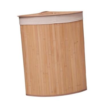 Imagem de YWJLQH Cesto de roupa suja de bambu de canto com tampa e alça, cesto de roupa para lavar e forro removível para armário de banheiro sala de estar, Bege