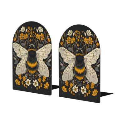 Imagem de Abelha flor fofa grande suporte de livros de madeira decorativo antiderrapante resistente terminais de livros para escritório mesa de escritório em casa biblioteca escola estudo decoração divisórias