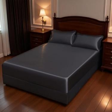 Imagem de Juwenin Home Jogo de cama com elástico de cetim sedoso colorido, macio e confortável, para quarto, quarto de hóspedes (1 lençol com elástico + 2 fronhas, sem núcleo) (preto, casal (3 peças))