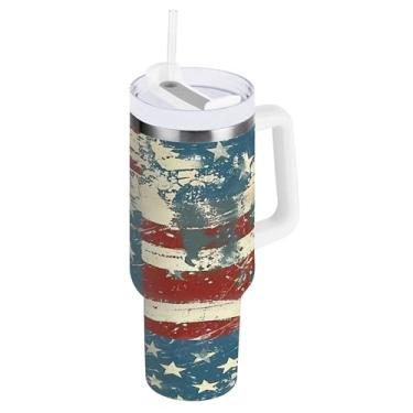 Imagem de xigua Copo American Star Flag de 850 g com tampa e canudo, aço inoxidável de vácuo duplo isolado garrafa de água esportiva suporte para copo de café de viagem à prova de vazamento para bebida gelada
