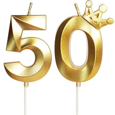 Imagem de Velas de aniversário de 50 anos para bolo, número 50 velas douradas com coroa, enfeite de bolo de aniversário de design 3D para mulheres e homens, festa de aniversário, casamento, celebração, decorações suprimentos