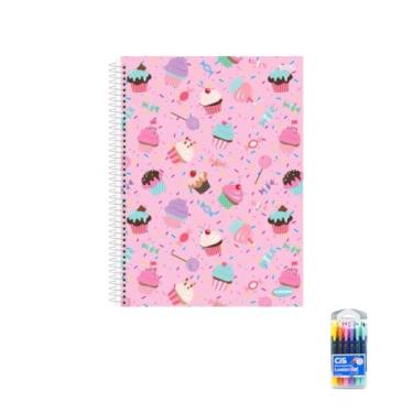 Imagem de Kit Caderno Feminino 10 Matérias Capa Dura 200 Folhas Caneta Point 88 e Marca Texto Gel Pastel