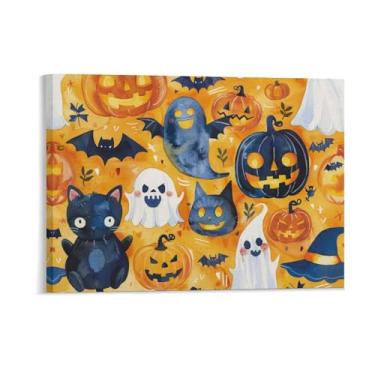 Imagem de HouLaiZhe Pôster de Halloween fofo gato preto fantasma impressões de arte de parede decorações de Halloween decoração de parede estética gótica para sala de estar quarto 18 x 24 polegadas (45 x 60 cm)