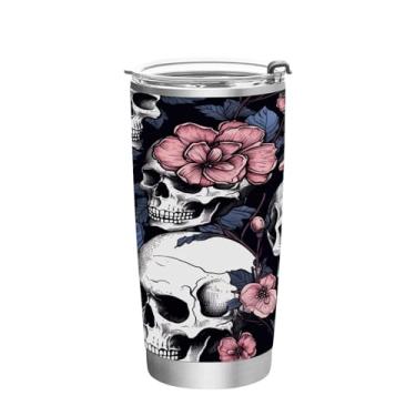 Imagem de Wassud Copo de caveira rosa de 590 ml com tampa e canudo, copo isolado a vácuo de parede dupla de aço inoxidável caneca de café de viagem para bebidas frias e quentes