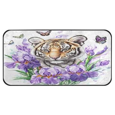 Imagem de Burbuja Tapete de cozinha roxo íris tigre 51 x 99 cm, tapete lavável antiderrapante com suporte de borracha, tapete para cozinha, sala de estar, banheiro, decoração de casa