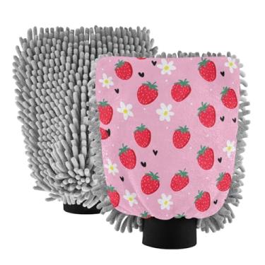 Imagem de STAYTOP Luvas de lavagem de carro de morangos fofas e coloridas, 2 peças, luvas de microfibra de chenille, sem arranhões, panos de esponja de lavagem ultra absorventes para carros, limpeza doméstica