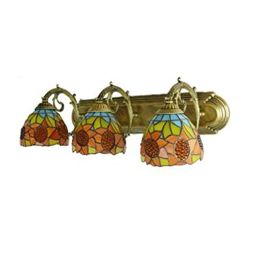 Imagem de Luminária de parede estilo Tiffany vintage com vitral de girassol para banheiro, com espelho frontal floral campestre para maquiagem, corredor ou área de descanso, 3 lâmpadas.