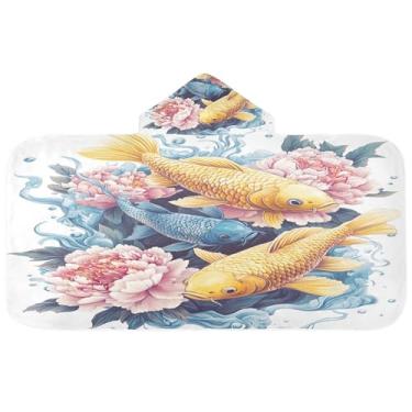 Imagem de Burbuja Toalha de banho com capuz peônias de carpa amarela azul para crianças, toalha de praia de pelúcia macia absorvente para meninas e meninos 3-10 anos, 61 x 127 cm