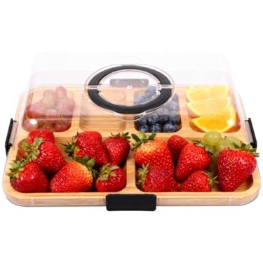 Imagem de Tábua de charcutaria com tampa, bandeja de charcutaria de bambu dobrável, bandeja de madeira dividida para servir carne e frutas com tampa transparente para festa, acampamento, piquenique